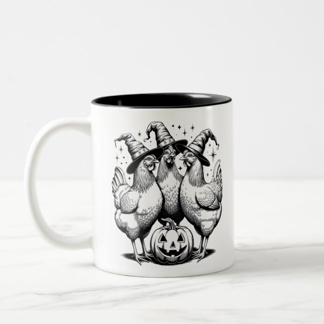 Hühnerhexen Funny Halloween Vintage Hexe Zweifarbige Tasse (Links)