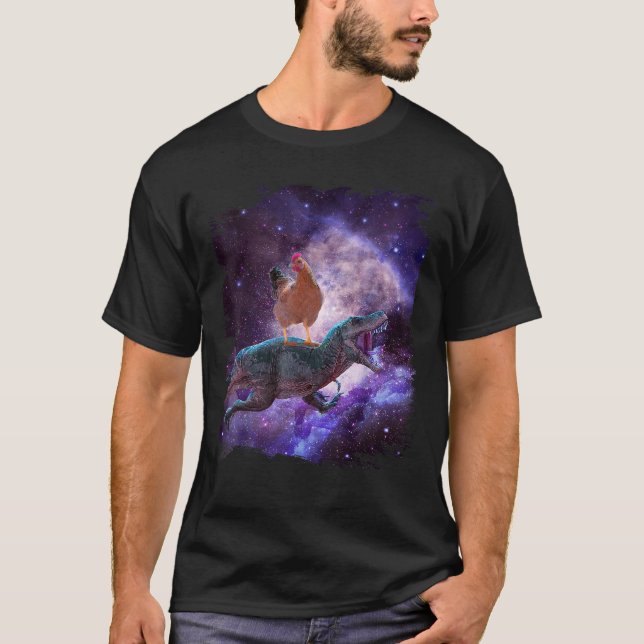 Hühnerreiten mit Dinosaurier im Weltraum Rainbow T T-Shirt (Vorderseite)