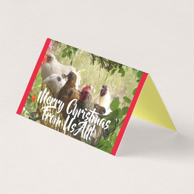 Hühnerroster fröhlich von uns alle Weihnachtskarte (Vorderseite)