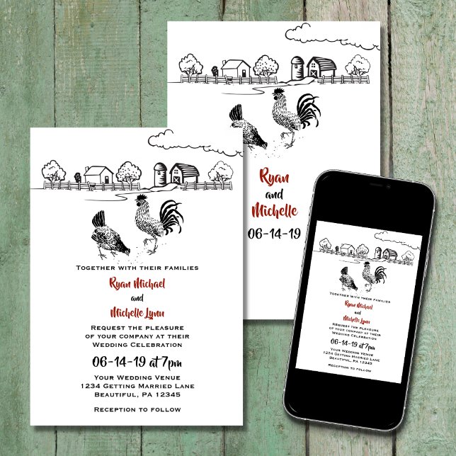 Hühnerroster und Henne in Liebe Farm Wedding Einladung (Von Creator hochgeladen)