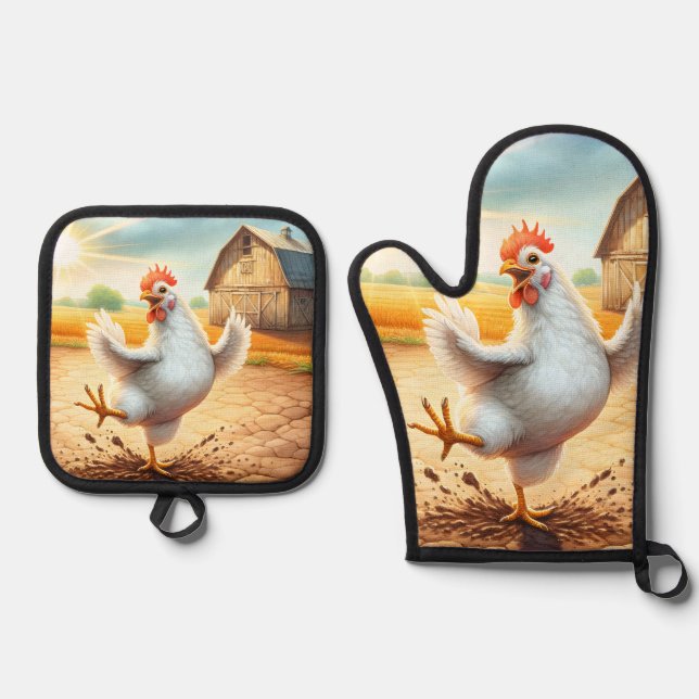 Hühnertanz in Barnyard Ofenhandschuh & Topflappen-Set (Vorderseite)