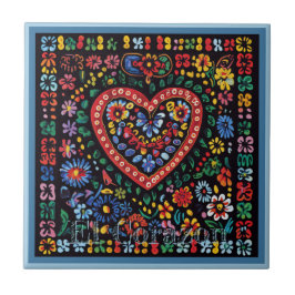 Huichol Loteria Keramik Tile: El Corazon Tile Fliese