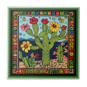 Huichol Loteria Keramik Tile: El Nopal Keramik Til Fliese