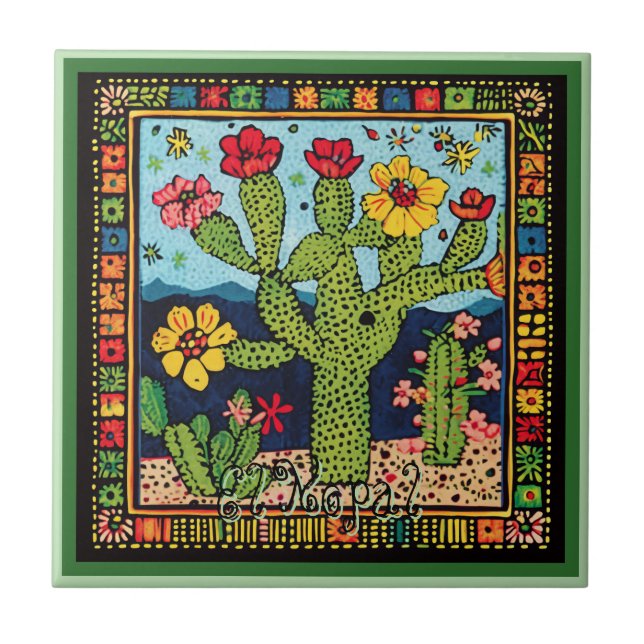 Huichol Loteria Keramik Tile: El Nopal Keramik Til Fliese (Vorderseite)