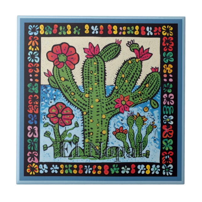 Huichol Loteria Keramik Tile: El Nopal Keramik Til Fliese (Vorderseite)
