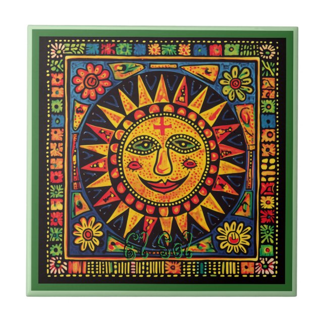 Huichol Loteria Keramik Tile: El Sol Keramik Fliese (Vorderseite)