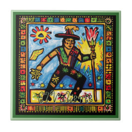 Huichol Loteria Keramik Tile: El Valiente Keramik Fliese