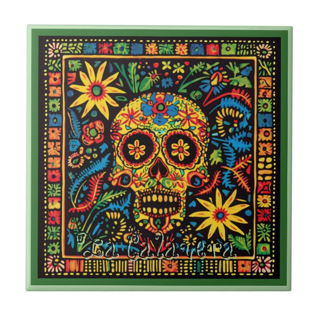 Huichol Loteria Keramik Tile La Calavera Tile Fliese (Vorderseite)