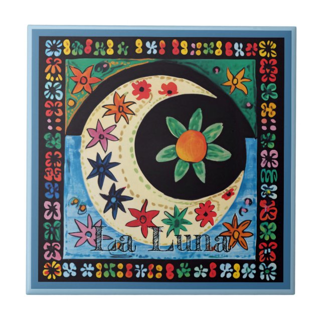 Huichol Loteria Keramik Tile: La Luna Keramik Tile Fliese (Vorderseite)