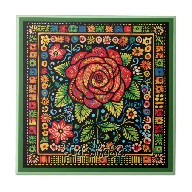 Huichol Loteria Keramik Tile: La Rosa Keramik Tile Fliese (Vorderseite)