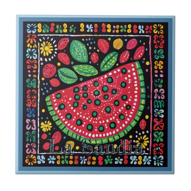 Huichol Loteria Keramik Tile: La Sandia Tile Fliese (Vorderseite)