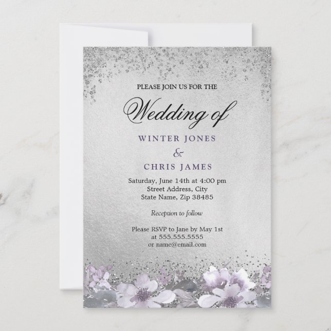 Huile d'argent Floral violet Faire-part de mariage (Devant)