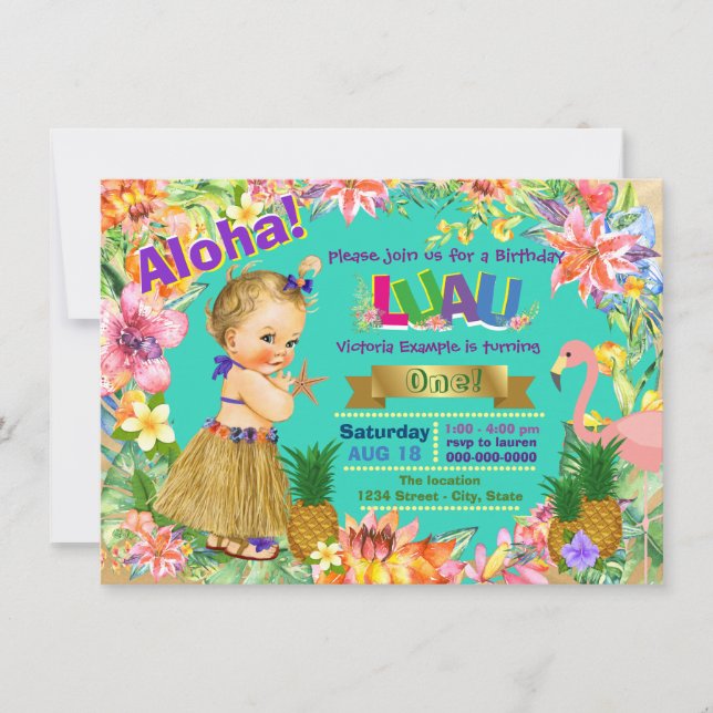 Hula Girl Flamingo Hawaiian Luau Birthday Party Einladung (Vorderseite)