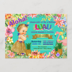 Hula Girl Flamingo Hawaiian Luau Birthday Party Einladung
