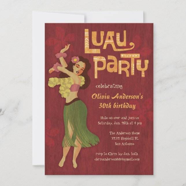 Hula Girl Hawaiian Luau Einladungen (Vorderseite)