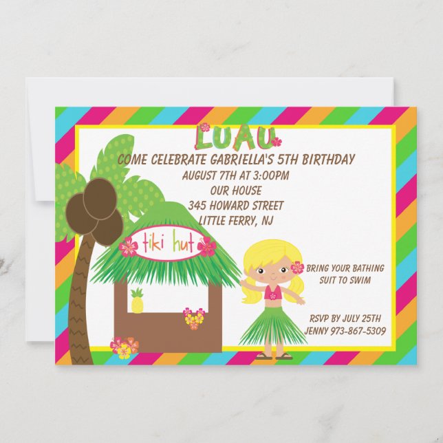 Hula Girl Tiki Hütte Bright Birthday Einladung (Vorderseite)
