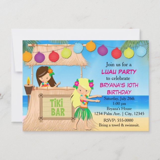 Hula girls beach tiki Geburtstagsfeier Einladung (Vorderseite)