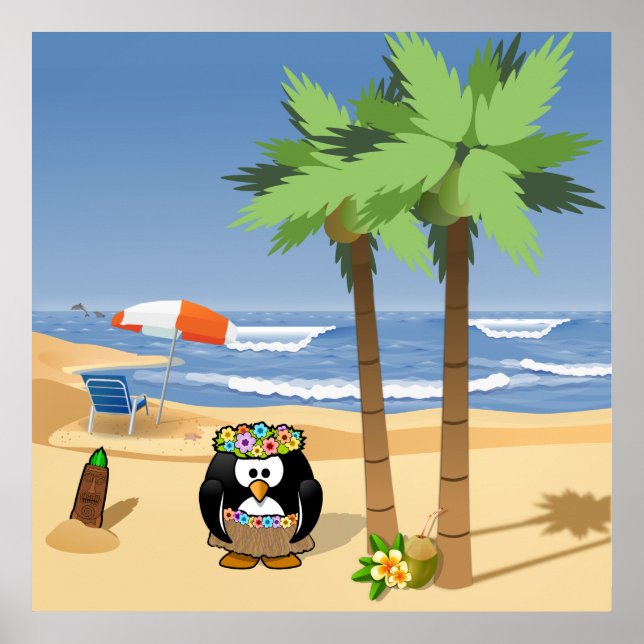 Hula penguin on vacation cartoon illustration poster (Vorne)