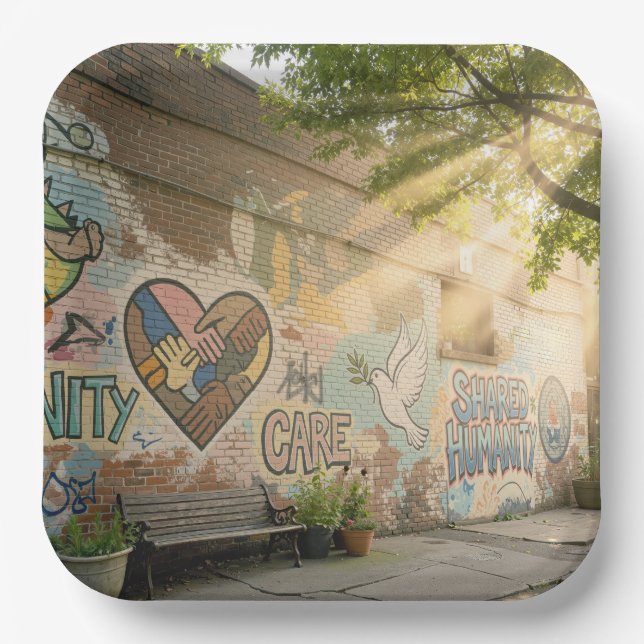 Humanity Symbolic Graffiti On Brick Wall Mural Pappteller (Vorderseite)