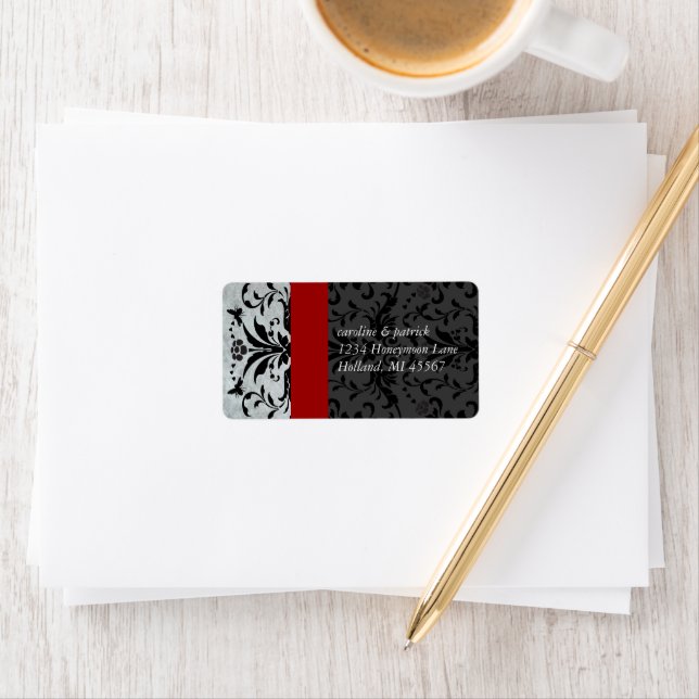 Humble Bee Damask Address Labels Red Trim Adressaufkleber (Insitu)