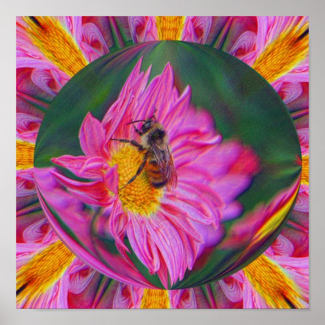 Humble Bee Pink Daisy Abstrakt Naturelekunst Poster (Vorne)