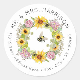 Humble Bee Sunflower Hydrangea Blumenadresse Runder Aufkleber