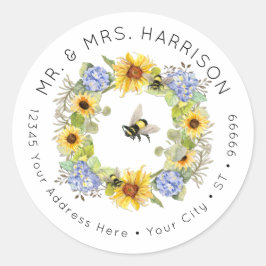 Humble Bee Sunflower Hydrangea Floral Address Clas Runder Aufkleber