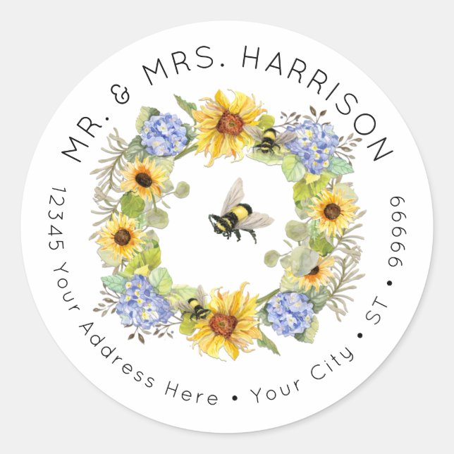 Humble Bee Sunflower Hydrangea Floral Address Clas Runder Aufkleber (Vorderseite)