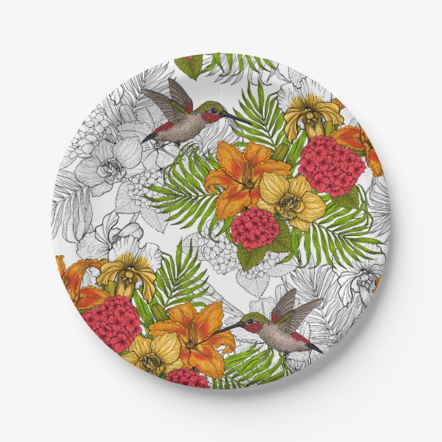 Humingvögel und tropisches Bouquet Pappteller (Vorderseite)