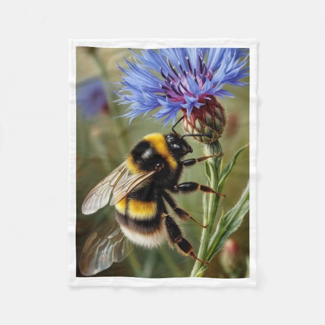 Hummel auf blauem Blumen-Teppich Fleecedecke (Vorderseite)
