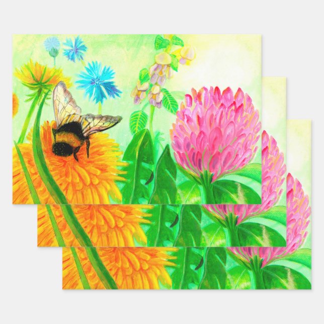 Hummel auf einer Dandelion-Blume-Illustration Geschenkpapier Set (Set)