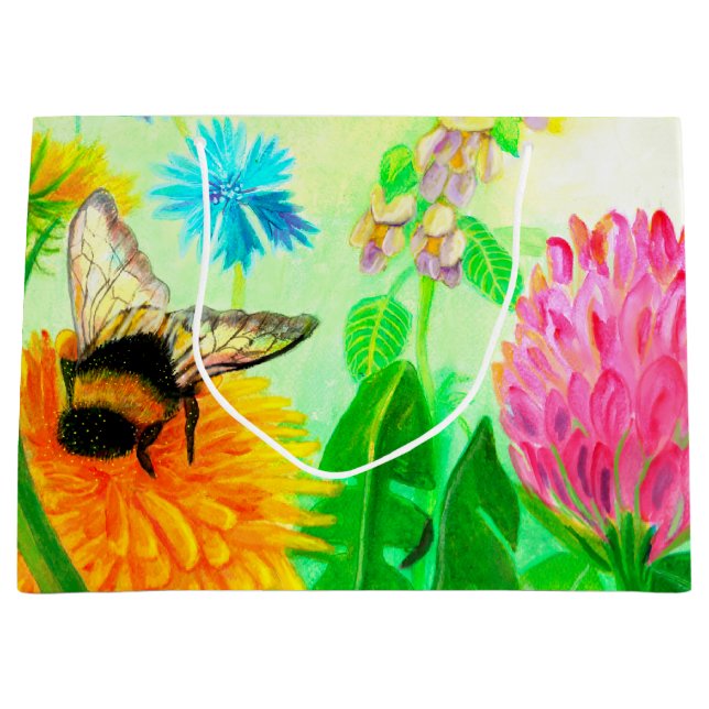 Hummel auf einer Dandelion-Blume-Illustration Große Geschenktüte (Vorderseite)
