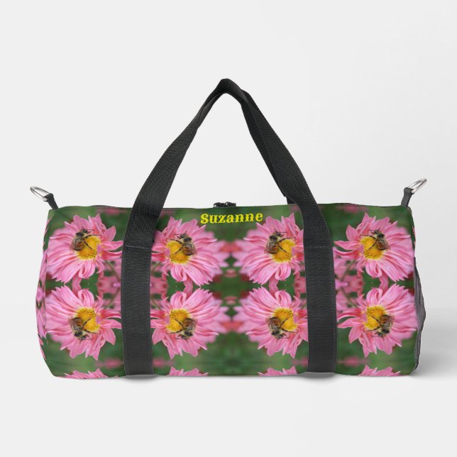 Hummel auf rosa Daisy Blume Personalisiert Duffle Bag (Vorderseite)