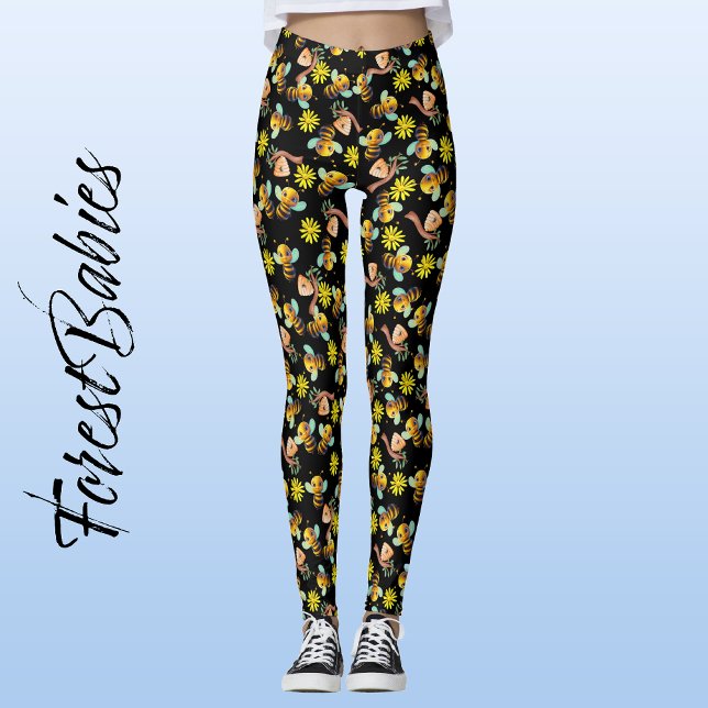 Hummel Bee 🐝 gelbe Daisy, Honey Black Floral Leggings (🐝 Bumble Bee, ForestBabies Yellow Daisy, Honey Hive Black Floral Leggings - Front)