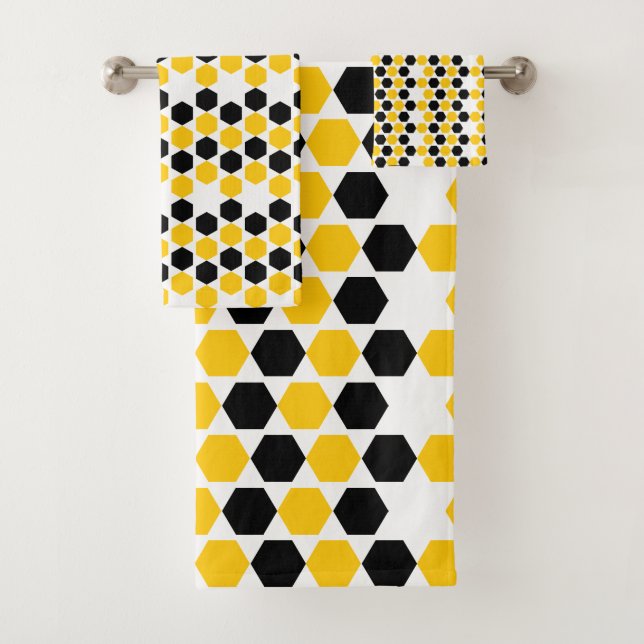 Hummel Black Yellow Geometric Hexagramm Hex Muster Badhandtuch Set (Insitu)