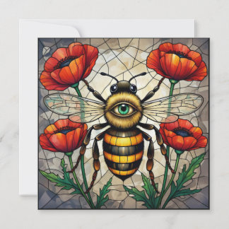 Hummel Buntglas Rote Mohnblume Insekt Kunst Karte