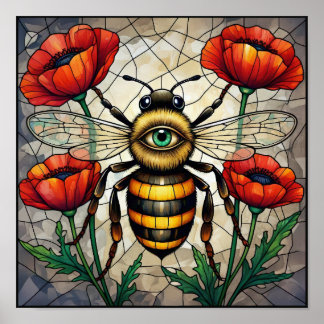 Hummel Buntglas Rote Mohnblume Insekt Kunst Poster