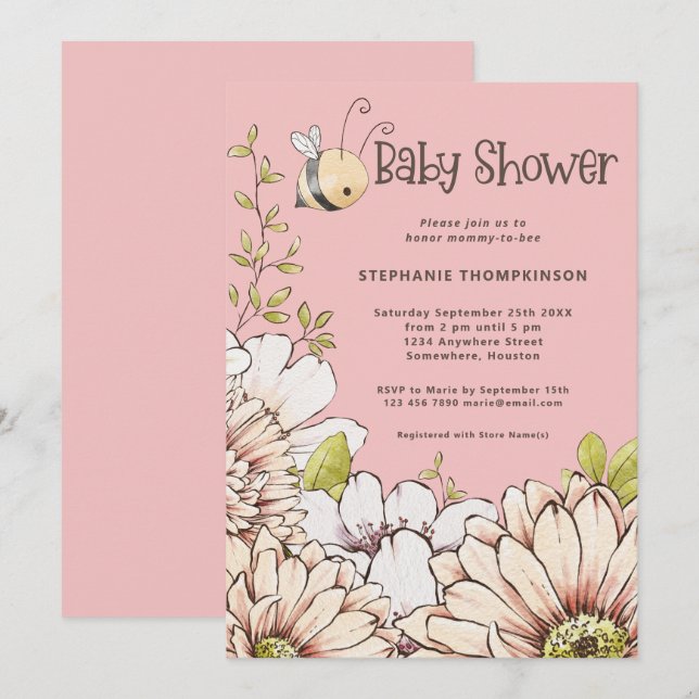 Hummel Florals Baby Pink Dusche Einladung (Vorne/Hinten)