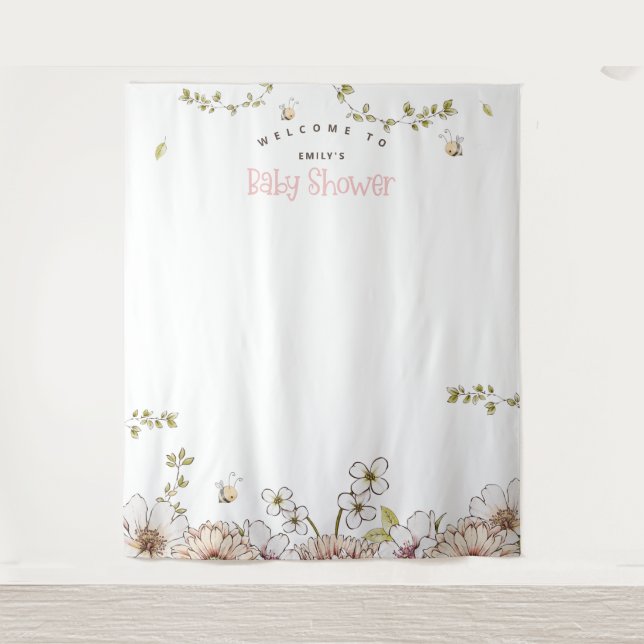Hummel Florals Pink Baby Dusche Foto Hintergrund Wandteppich (Vorderseite)