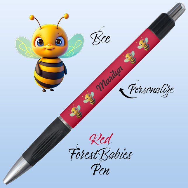 Hummel, Spaß Kinder Honey Cartoon Lebendig Rot Kugelschreiber (Cute Whimsical Bee Cartoon Graphic, Red Personalizable ForestBabies Pen 🐝)
