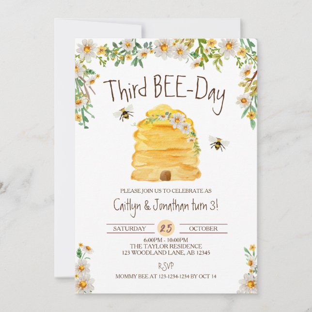 Hummelbienen Geburtstag, Zehn 3. Bienentag Einladung (Vorderseite)
