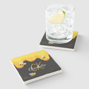 Hummelhonig tropft Monogramm schwarz golden Steinuntersetzer