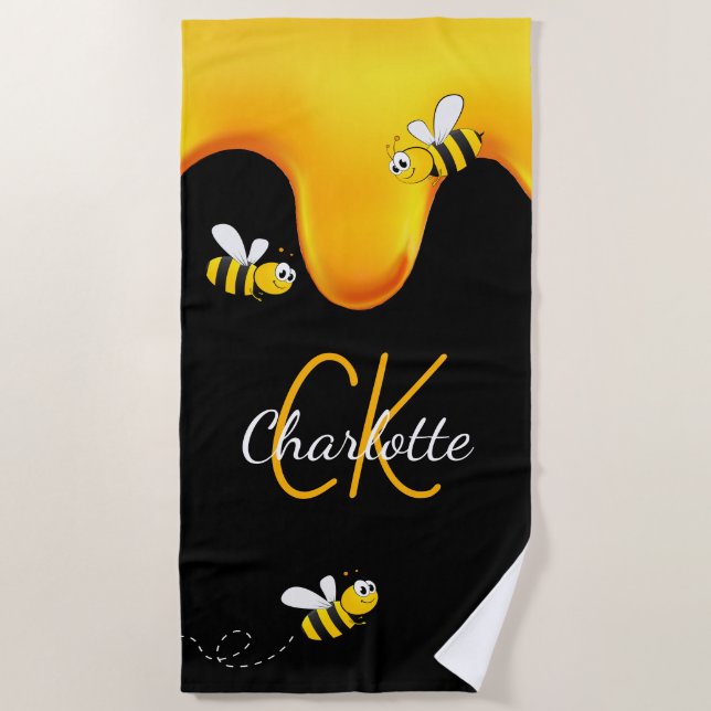 Hummelhonig tropft Monogramm schwarz golden Strandtuch (Vorderseite)