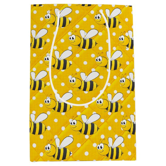 Hummeln auf gelben und weißen Polka-Punkten Mittlere Geschenktüte (Vorderseite)