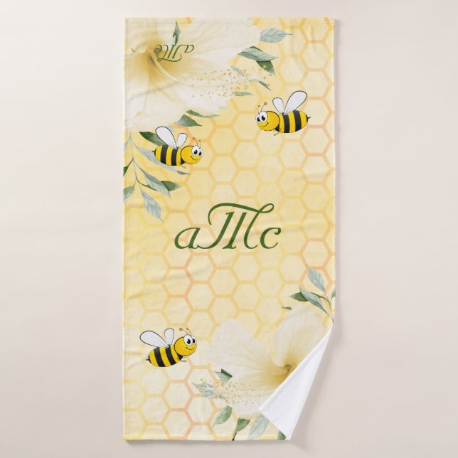 Hummeln, gelbe Honigwabenpaar, monogramm Badehandtuch (Badehandtuch)