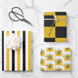 Hummeln, Honigkamm, Streifen und Punkte Geschenkpapier Set