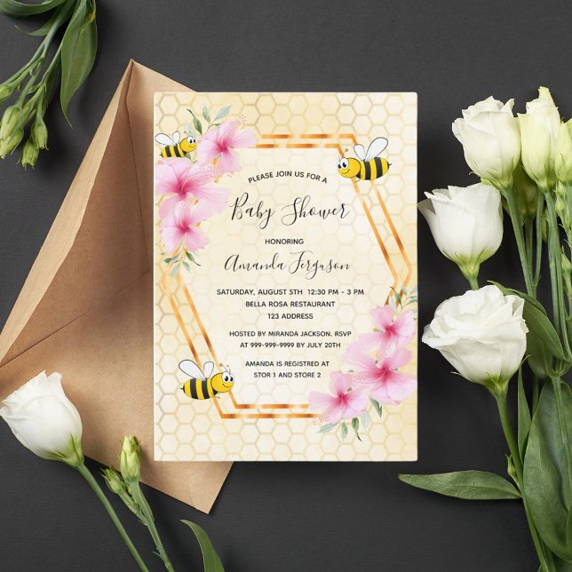 Hummeln-Honigwabenkraut Rosa Blumen Babydusche Einladung (Von Creator hochgeladen)