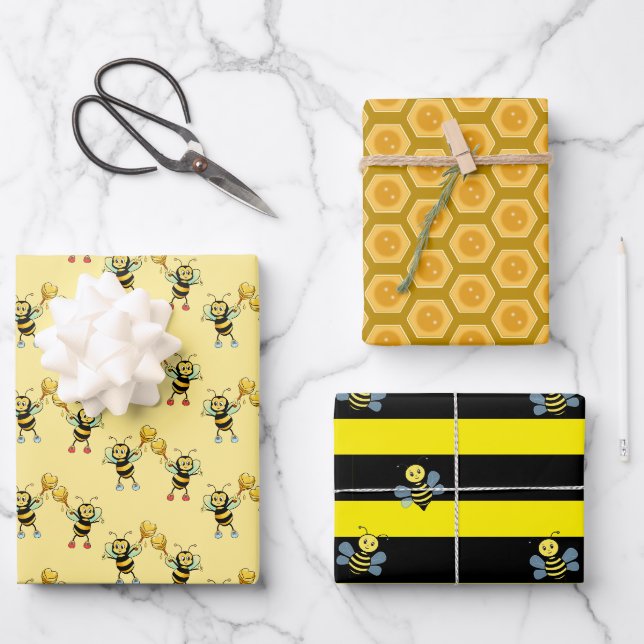 Hummeln mit Herz- und Honigwabenverpackung Geschenkpapier Set (Vorderseite)
