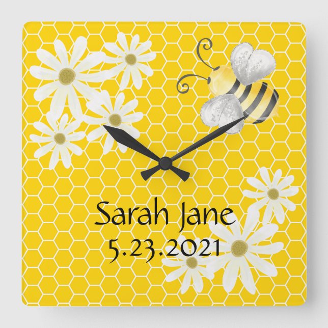 Hummeln mit Honeycomb und Daisies Signature Quadratische Wanduhr (Vorderseite)