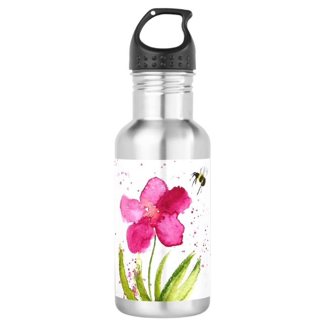 Hummeln-Rosa-Blume Edelstahlflasche (Vorderseite)